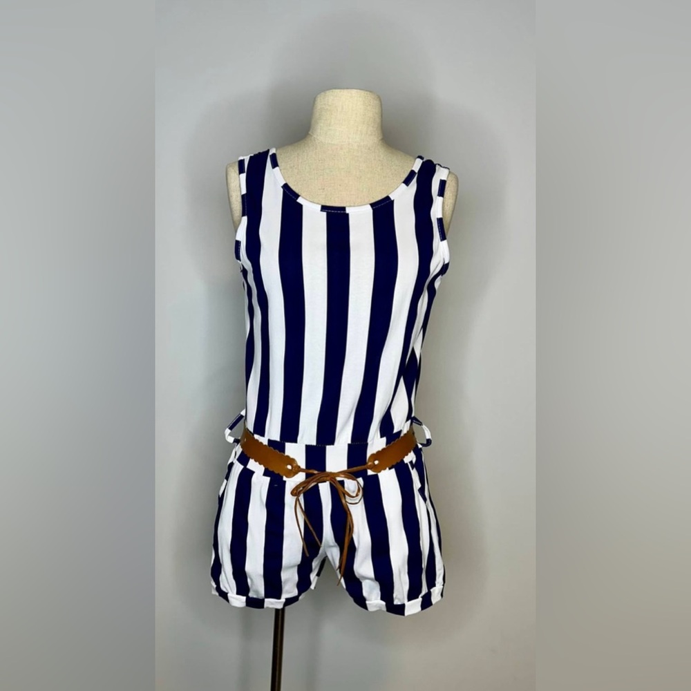 Striped Sleeveless Romper with Belt - Picture 1 of 2